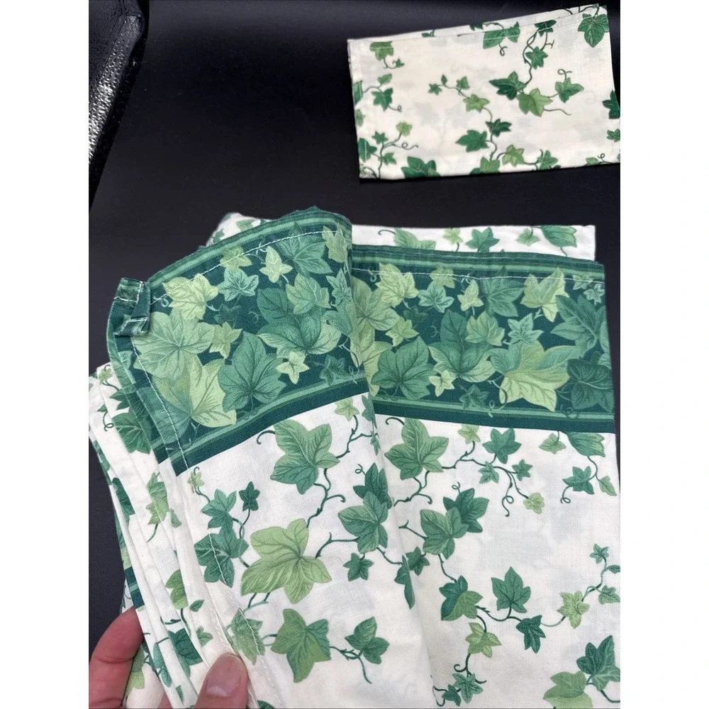 Vintage Tablecloth Repurposed From Twin Sheet, Napkins, Green Ivy